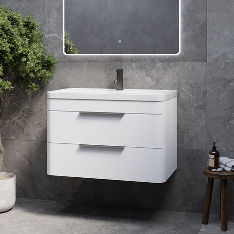 Oslo Gloss White 800mm Wall Mounted 2 Drawer Vanity Unit with Anya Basin - 800mm - Gunmetal Grey 300mm Finger Pull