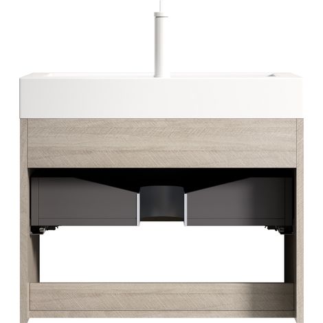 Meuble lavabo mural 70 cm avec vasque intégrée en résine blanche, armoire en contreplaqué chêne clair avec tiroir et étagère ouverte (1/5)
