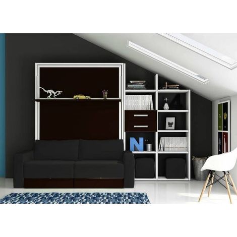 Lit escamotable 160x200 avec canapé coffre et étagères Modula-Avec matelas-Façade Ebène-Canapé Beige (1/5)