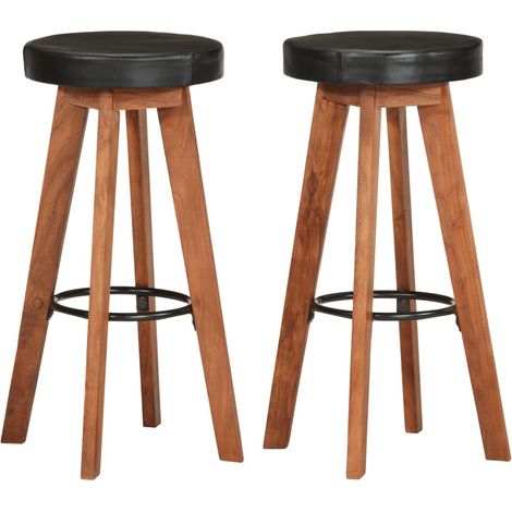 Conjunto de 2 taburetes altos de bar diseño retro en piel auténtica negra y madera de acacia DEC029567