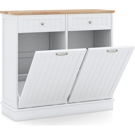 COSTWAY Armadio per Raccolta Differenziata, Sistemi di Raccolta Differenziata con 2 Cassetti e 2 Vani, Top Legno Gomma Naturale e Tagliere Incluso, per Ingresso o Cucina, 100 x 33 x 90 cm (1/5)