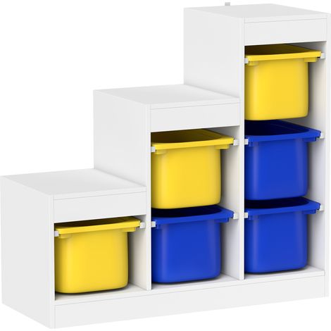 Meuble de rangement pour jouets 3 niveaux - Bleu et jaune - Pour 3-8 ans - Pour chambre d'enfant, salle de jeux - Design ludique et pratique (1/5)