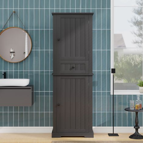 AS EASY Meuble de salle de bain 56 x 28 x 167,3cm, entièrement peint avec une peinture résistante à l'humidité, meuble haut et bas + tiroir central, clayettes réglables, poignées noires, Noir. (1/5)