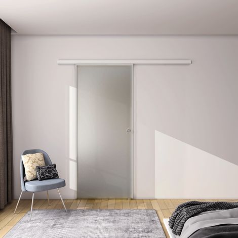90x225 cm Porta Scorrevole in Vetro da 8 mm Temperato Opaco con Pellicola Anti-frantumi con Binario in Alluminio Bianco Verniciato