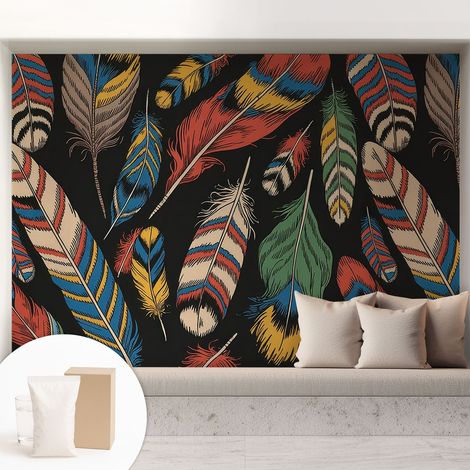 Tapete Vliestapete mit Kleber modern Wohnzimmer - Wanddeko Schlafzimmer - Tapete mit Motiv Bunte Federn 208x146 cm (1/5)