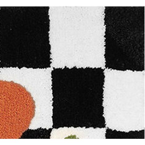 Tapis de porte à motif damier noir et blanc anti-skid avec fleur orange pour salle de bain cuisine salon 40x60cm (1/5)
