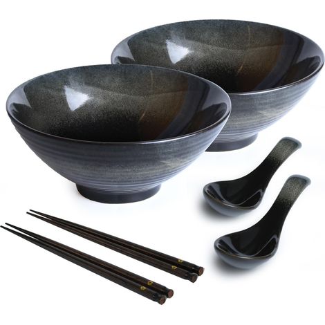 Lot de 2 bols à ramen japonais en céramique avec baguettes et cuillère, style asiatique en porcelaine, saladier, bol à soupe instantanée, 1200 ml, noir (1/5)