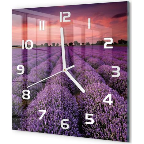 Horloge Murale Carrée Décorative en Verre Trempé Silencieuse pour Chambre Champ de lavande 30x30 cm (1/5)