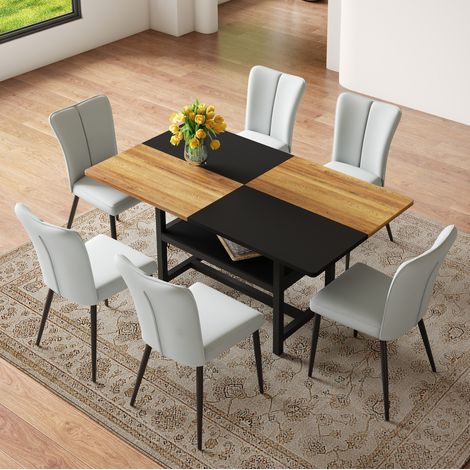 Set tavolo da pranzo rettangolare 160 cm con contenitore, 6 sedie grigio chiaro PU e gambe nere (1/5)
