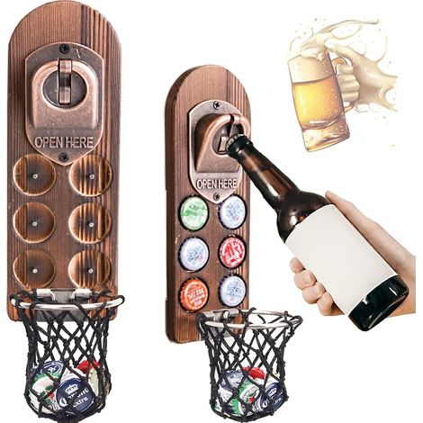 Magnétique Ouvre Bouteille Mural en Bois, Decapsuleur Mural Biere Vintage, Décapsuleur Original avec Cap Catcher, Accessoire Bar Exterieur, Biere Cadeau Homme pour Papa, Amie et Collègue (Style 5)