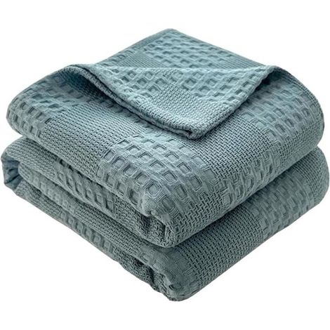 Couvre-lit gaufré coton - Plaid moelleux - Couverture d'été douce - Aspect gaufré - Coton respirant - Peut être utilisé comme lit et canapé - Bleu lac 200 x 230 cm (1/4)