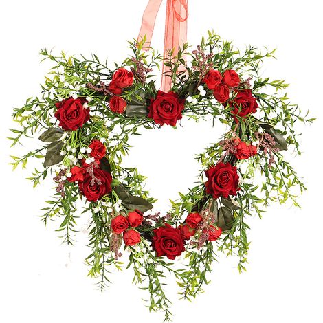Künstlicher Rosenkranz in Herzform mit Schleife, frühlingshafte Blumendekoration für Haustür, Hochzeit, Foto-Requisite, 40 cm (1/3)