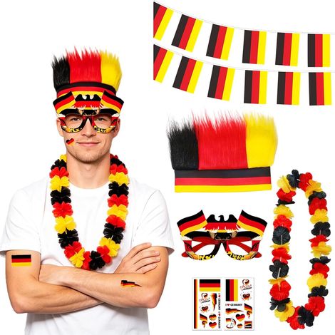 7-teiliges Deutschland-Fan-Set, inklusive Perücke, Brille, Blumenkette, Girlande, Flagge und Tattoos, für öffentliche Übertragungen und Fußballpartys (1/4)