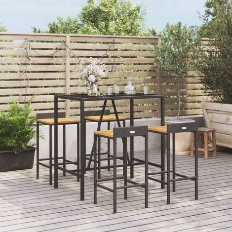 Ensemble Table de bar + 4 Chaises de bar de jardin - Table Haute avec 4 Tabourets noir poly rotin/bois massif acacia BV928798 - BonneVie (1/5)