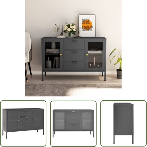 The Living Store Buffet Anthracite 105x35x70 cm Acier et verre trempé - Buffet - Meuble De Rangement - Buffet Moderne - Buffet Industriel - Meuble En Acier (1/5)