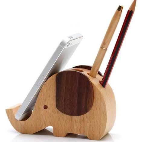 Support de téléphone en bois en forme d'éléphant, décoration de bureau et porte-stylo, cadeau pour hommes et femmes (1/4)