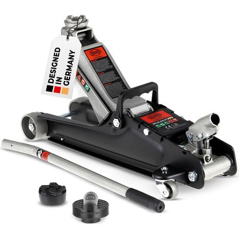 HEYNER® Hydraulik‑Rangierwagenheber Set 2,25 t – extra flach (85–380 mm), 2 Schwenkräder, Ø 45 mm Gummiteller, inkl. Audi Gummiauflage, leicht rangierbar, Stahl