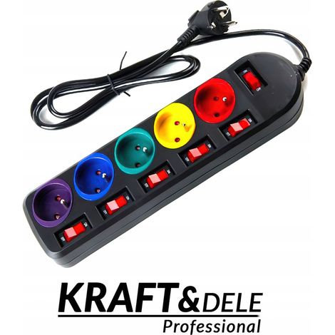 Cable alargador Kraft&Dele negro de 3 m con 5 enchufes y protector contra sobretensiones. (1/4)