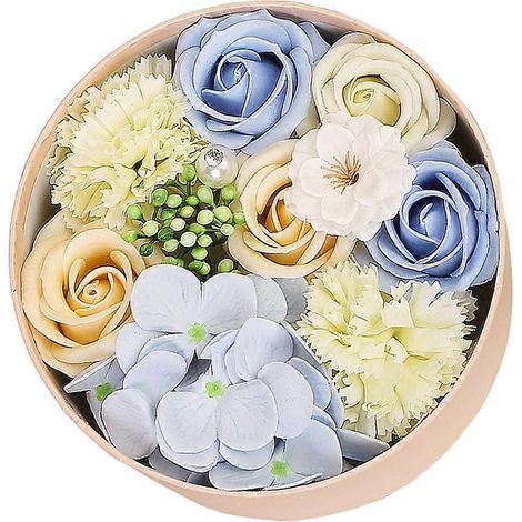Savon Fleur Délicat Petite Boîte Ronde Bouquet de Savon Unique Coffret Cadeau Saint-Valentin Noël pour les Petites Amies (Bleu)-16.216.2cm-Blue