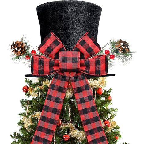 Chapeau De Noel - Topper Pour Arbre De Noel Avec Fausse Aiguille De Pin Et Baies - Design Chapeau À Ruban En Tartan - 1 Pièce (1/5)