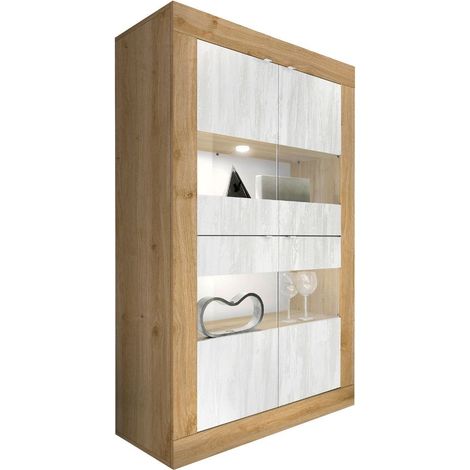 Vitrine 4 portes aspect bois finition Cadiz façades blanc texturées et verre avec Leds - OTELLO