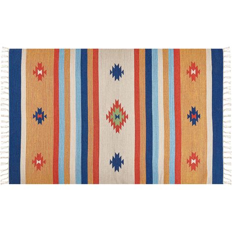 Alfombra kilim de algodón rojo azul amarillo 140 x 200 cm a mano geométrico borlas Taronik