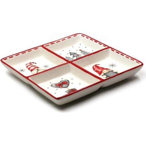 1 plateau apéritif céramique, motif lutins nordiques, blanc, 19 cm, pour présentation amuse-bouche et tapas