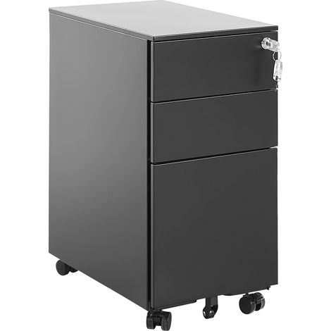 Armario de almacenamiento de metal negro con 3 cajones ruedas con cerradura con llave estilo industrial moderno Bolsena