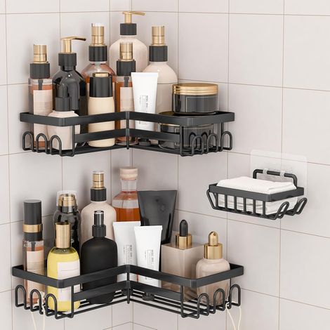 Lot de 3 étagères de douche d'angle sans perçage avec crochets - En acier inoxydable - Noir - Pour shampooing et gel douche - Organiseur de salle de bain et cuisine (1/5)