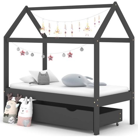 Lit enfant Contemporain Cadre de lit d'enfant avec un tiroir Gris foncé Pin 70x140 cm 85653 (1/5)