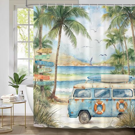 Rideau de Douche Vintage Camping 180 x 180 cm, Camping-Car Plage Palmier Côte Rideaux de Baignoire Imperméable Anti-Moisissures Tissu avec 12 Crochets (1/5)