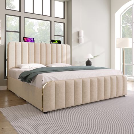 lit adulte coffre 140x200 USB lin beige rangement OKMYHOME (1/5)