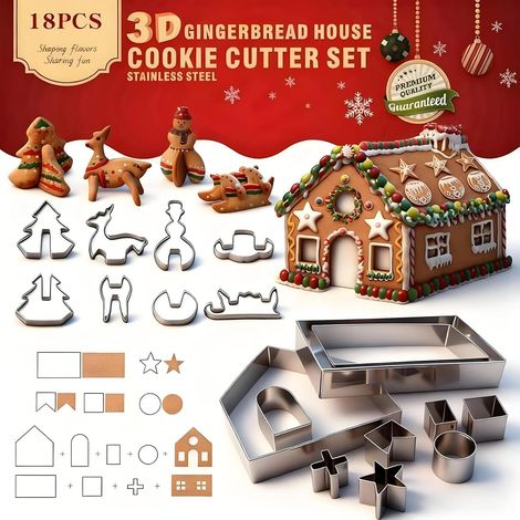 Lot de 18 emporte-pièces, maison pain d'épices 3D, acier inoxydable, décoration Noël, pâtisserie famille (1/5)