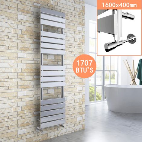 ELEGANT 1600 x 400 Heated Towel Rail Bathroom Radiator Chrome Flat Panel Towel Radiator + Angled Radiator Valves (1/5)