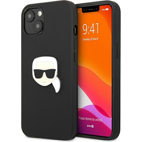 Custodia per iPhone 13 mini in pelle con stampa "Karl's Head" di Karl Lagerfeld, colore nero. (1/5)