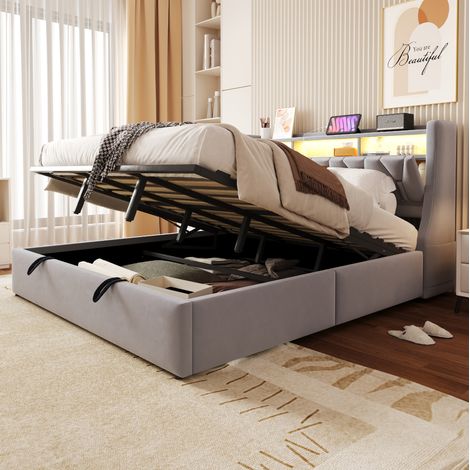 lit adulte rangement coffre 180x200 velours gris clair HAVRYA (1/5)