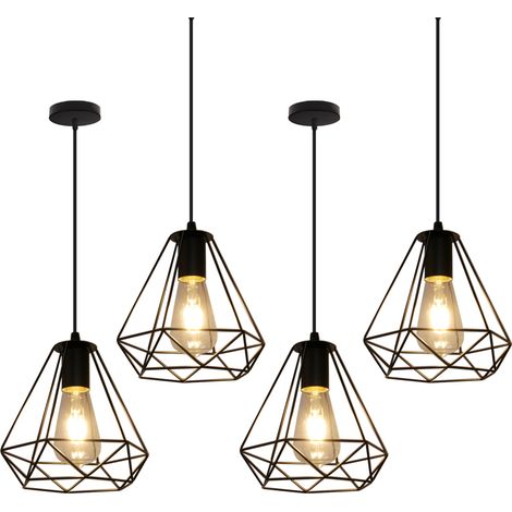 Axhup – Suspension industrielle en métal noir – Lampe à abat-jour cage diamant 20x20cm – Douille E27 – Longueur câble 100cm réglable – Lot de 4