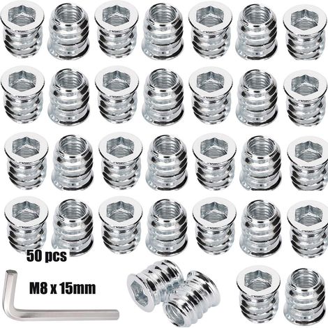 Lot de 50 écrous à visser M8 x 15 mm - Insert fileté en bois - Douilles filetées - Douille à visser en alliage de zinc - Écrou à six pans creux - Pour meubles en bois (1/5)