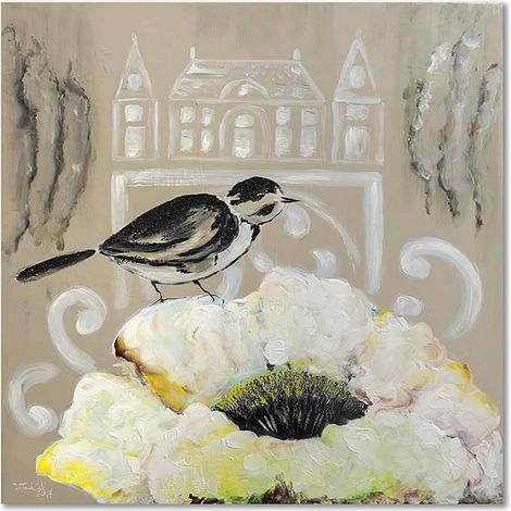 Tableau fleur blanche et oiseau noir - 40 x 40 cm (1/5)