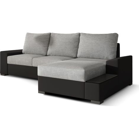 Canapé angle droit convertible tissu gris clair et simili noir James 245cm (1/5)