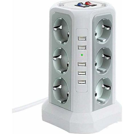 Multiprise tour parafoudre 12 prises CA et 5 ports USB – Protection 1500J – Câble 2m avec interrupteurs indépendants – Blanc (1/5)