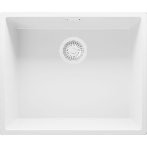 PRIMAGRAN Evier Sous Plan 56x47cm, Evier en Granit 1 bac + Kit de Vidage, Évier au meuble 60cm - London, Tout Blanc