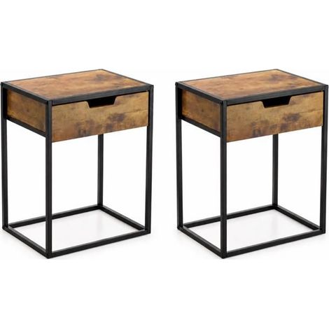Table de chevet - JUANIO - Lot de 2 - 1 tiroir - Effet bois vintage - Structure métallique noire (1/5)