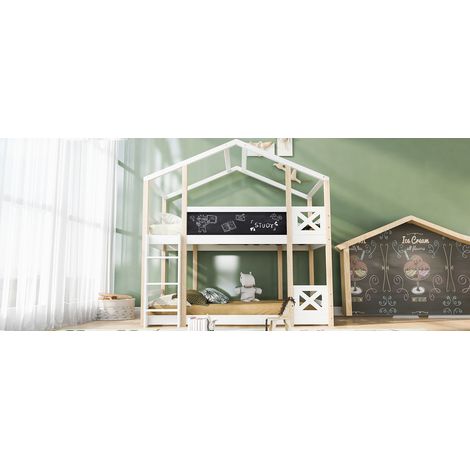 =517234AAW= Lit de bébé en forme de cabane, avec un espace pour grimper et une échelle. Dimensions : 90 x 200 cm. Lit de hauturée pour enfants – 2 supports en planches naturelles ou blanches. (1/5)