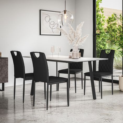 Haydon Extending Dining Table + Chairs- White Marble Effect Table Top w Black Legs + Monza Faux Leather Dining Chair Set Of 6 (Black) (1/5)