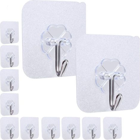 12 ganchos adhesivos transparentes e impermeables, ideales para sala de estar, baño y cocina.