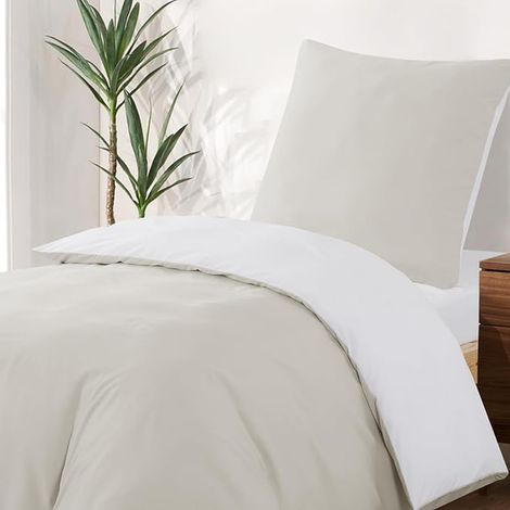 Housse de Couette 140x200 Réversible avec Taie d'oreiller 65x65 cm Beige Blanc - Parure de Lit 140 x 200 Adulte Personne Microfibre Couette avec Fermetures éclair (1/3)