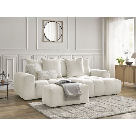 BOBOCHIC - Canapé d'angle convertible coffre ROXELANE tissu chiné avec pouf Angle droit Blanc (1/5)