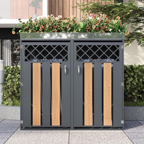 Cache-poubelle double, 132x80x124.5 cmabri poubelle de jardin extérieur avec bac à fleurs,  2 portes verrouillables, Gris et Bois