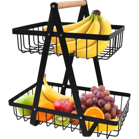 Zweistöckiger Obstkorb aus Metall, abnehmbarer Ständer, modernes schwarzes Obstregal für Gemüse und Snacks (1/5)